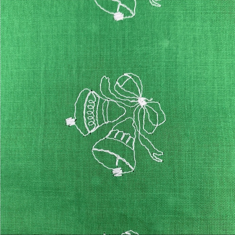 Vintage Green Cotton Embroidered Christmas Bells Fabric 1 yard + 20 inches